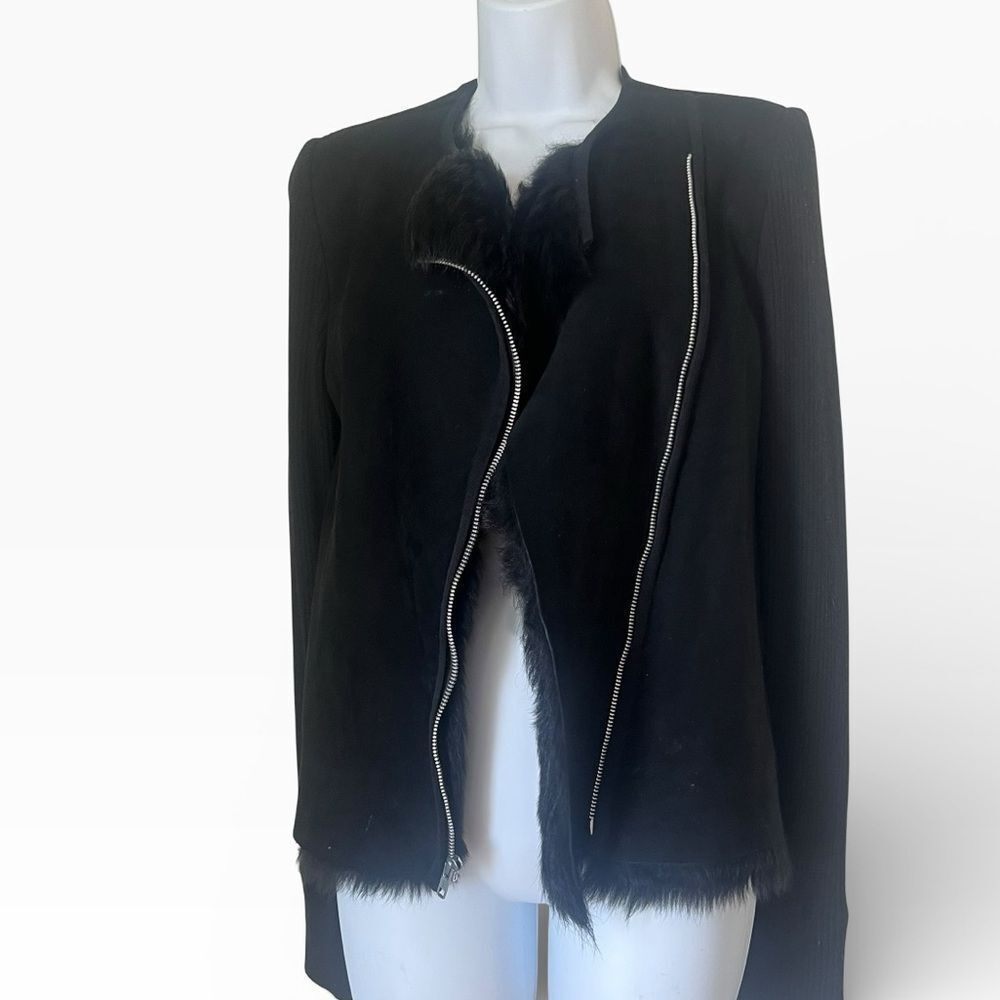 L'AGENCE Black Faux Fur Collar Motto Timeless Minimalist Sweater Jacket sz S
